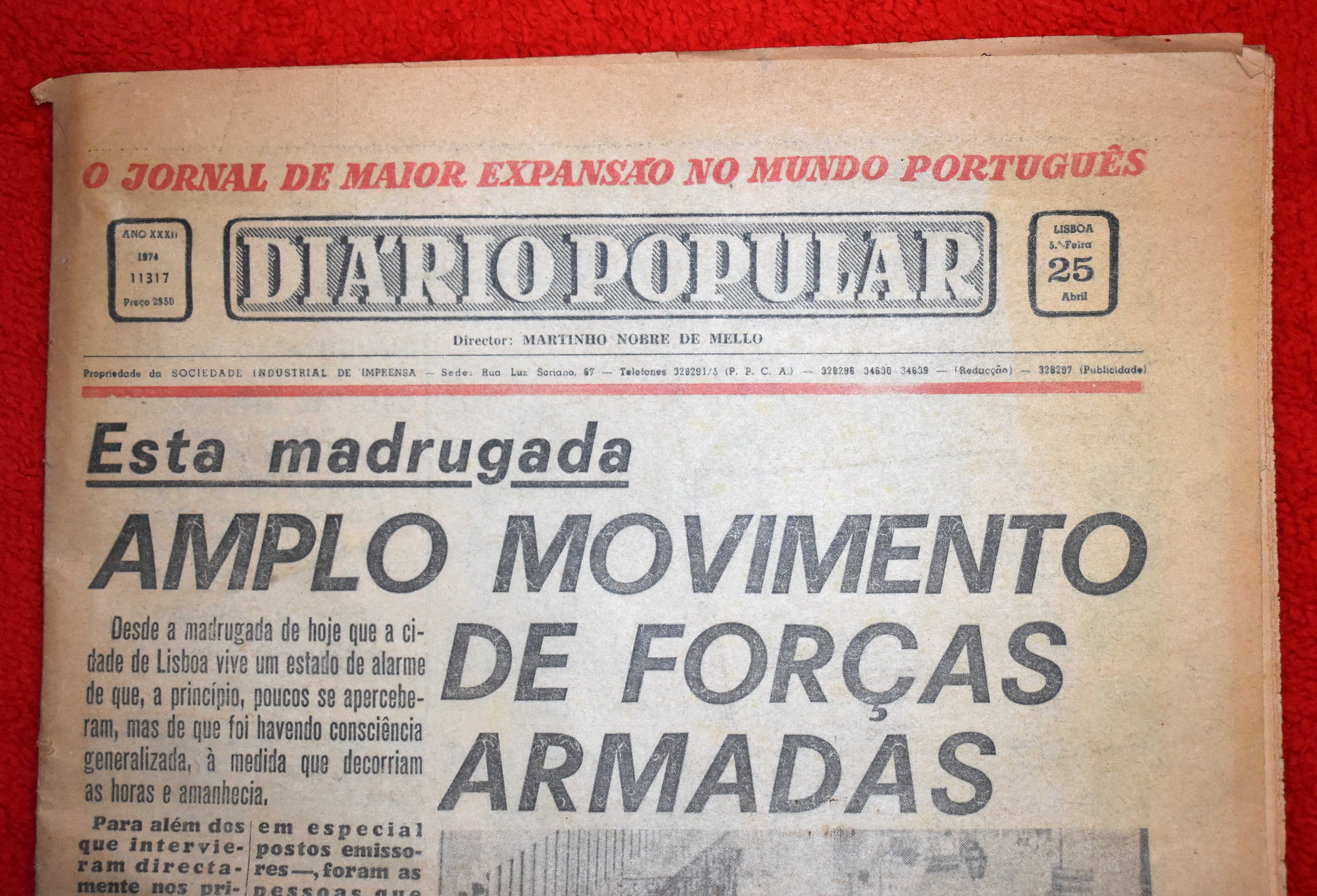 "Diário Popular" - Dia 25 de Abril de 1974 (50º Aniversário) c/ Portes