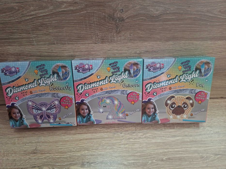 Zestaw 3 x haft diamentowy,lampka Led mopsik ,motylek ,jednorożec