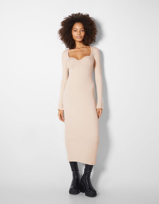 Плаття міді в рубчик бежеве сукня облягаюча