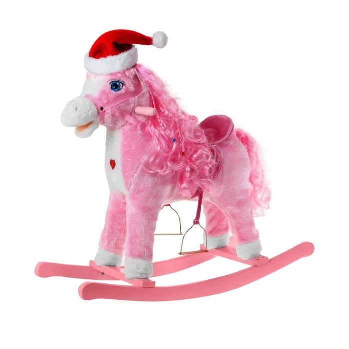 Koń na biegunach 74 cm bujany dla dzieci dźwięk różowy + czapka