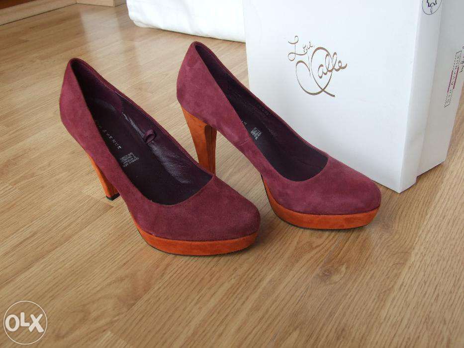 Modne pomarańczowe czerwone buty na obcasie koturny SKÓRA NOWE