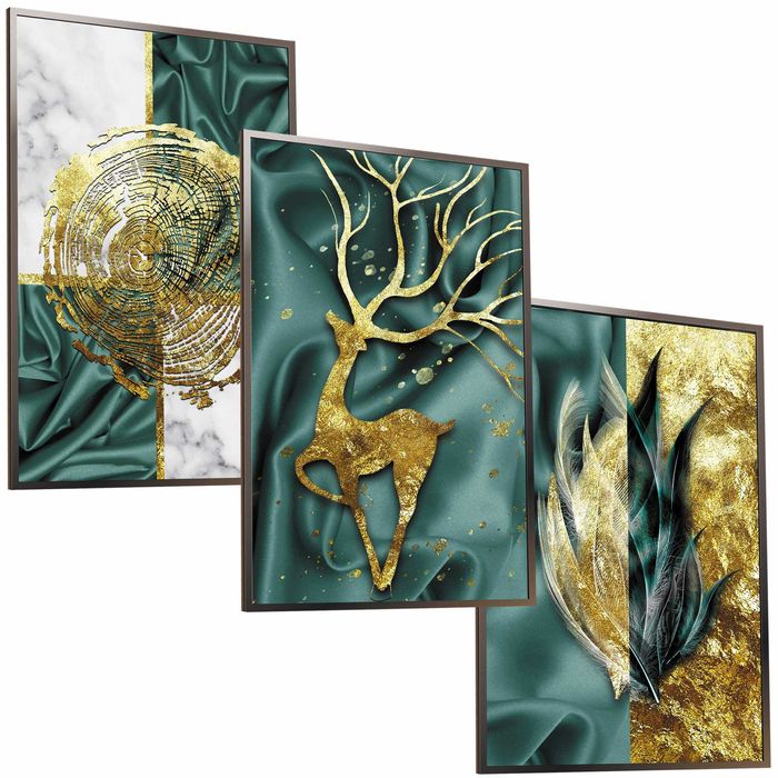3x 50x40 A2 ZESTAW OBRAZ W RAMIE PLAKATY RAMKA boho złoty jeleń deer