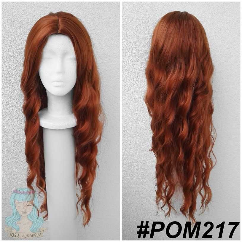 Ruda długa peruka falowana z przedziałkiem karbowana cosplay wig