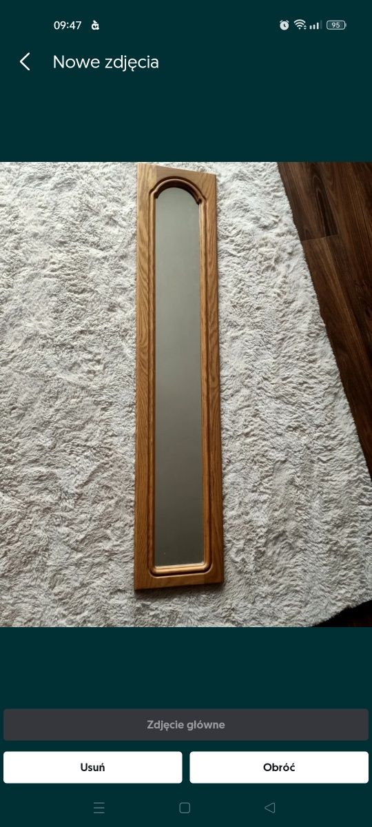 Stare długie lustro drewniane brązowe Vintage retro PRL 

Długość 137x