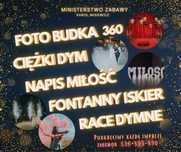 Fotobudka360, ciężki dym, fontanna iskier, miny dymne, napis miłość