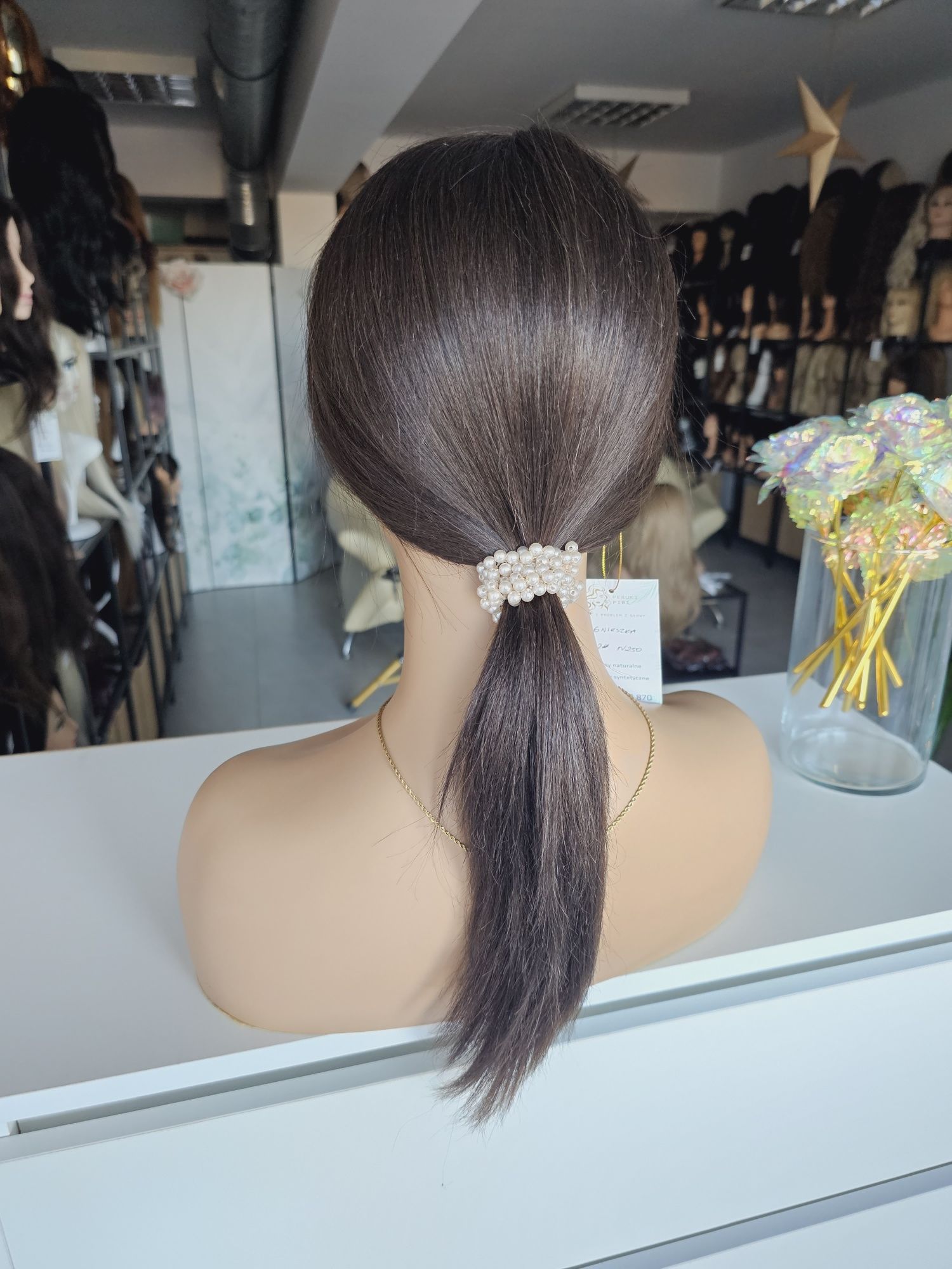 Długa peruka z włosów naturalnych w 100% ciemny brąz Agnieszka