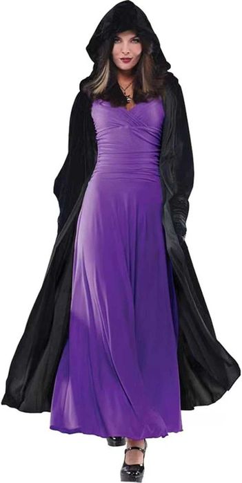 Czarna peleryna na Halloween z kapturem, aksamitna, 190 cm
