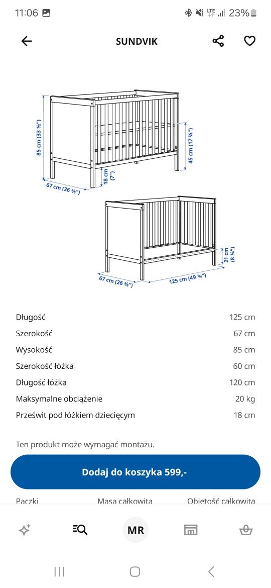 Łóżeczko niemowlęce z materacem Ikea