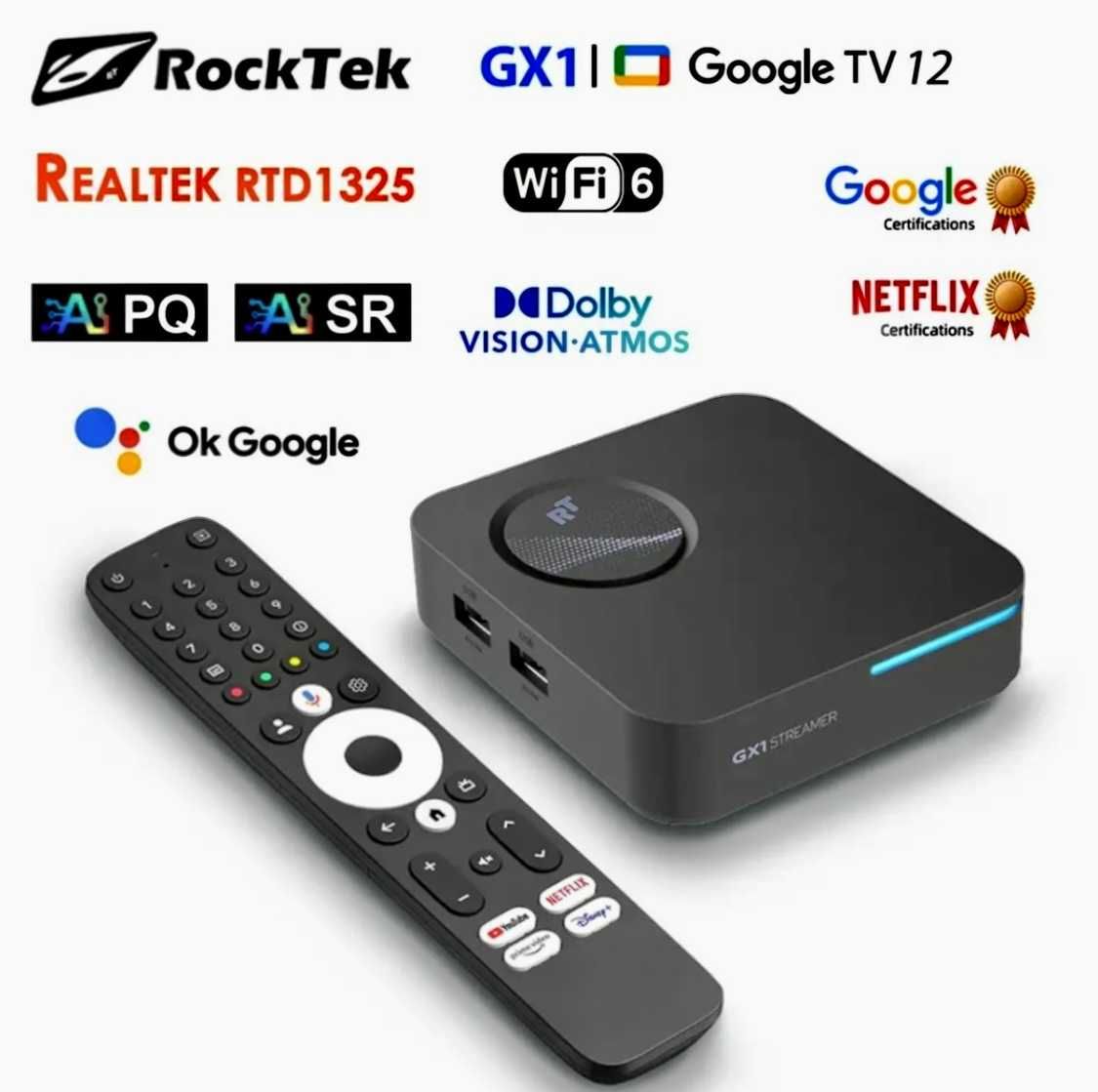 ТВ приставка RockTek GX1 UHD 4/32 Realtek RTD1325 WiFi6 GoogleTV 12