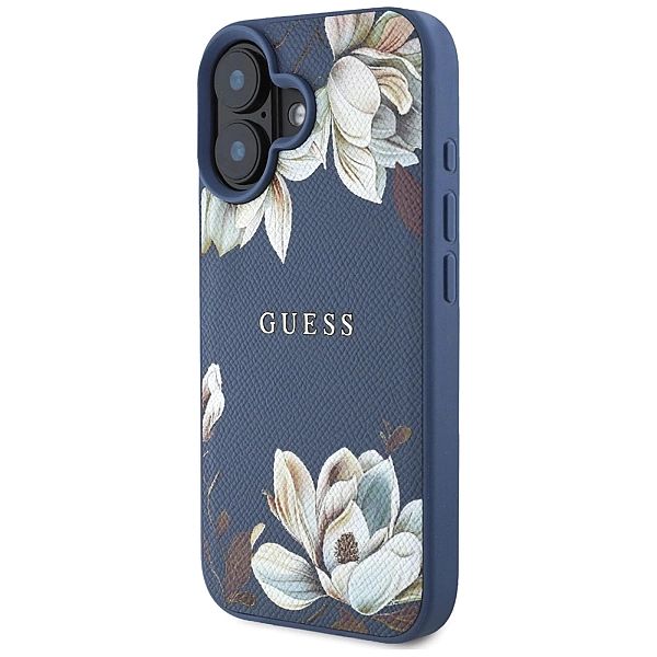 Etui Guess Grained Printed Flower Pattern MagSafe do iPhone 16 niebies