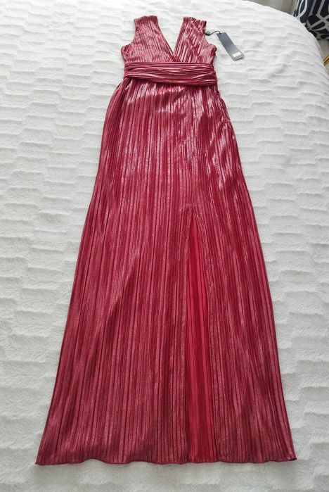 NUANCE r. 34 (XS) - Plisowana Długa Sukienka z Połyskiem Bordowa Nowa