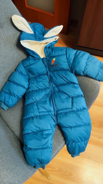Niebieski bardzo ciepły kombinezon zimowy dla dziecka królik ocieplony