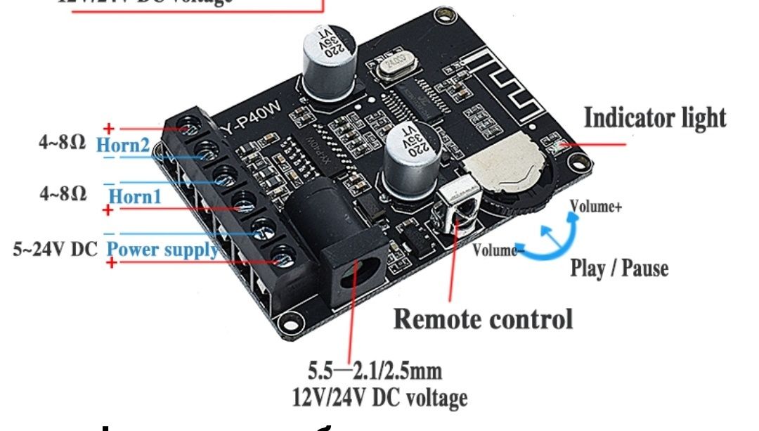 Усилитель мощности Bluetooth 5.0. 2*40W.Блютуз приёмник. DC 12-24 V.