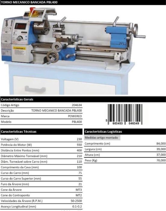 Torno Mecânico de Bancada 400mm NOVO C/ GARANTIA