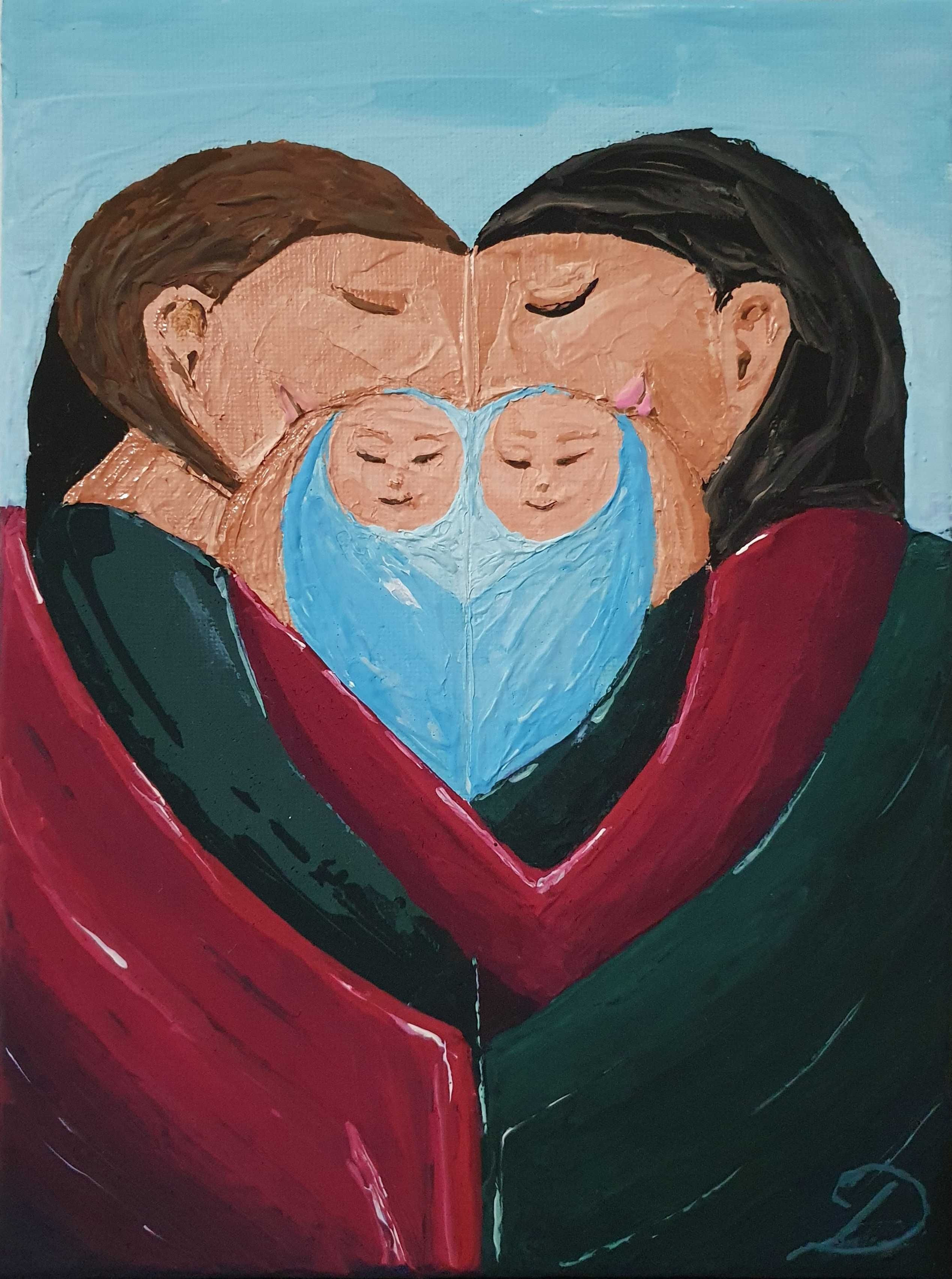 "Twins"- obraz ręcznie malowany 18x24cm, akryl na płótnie