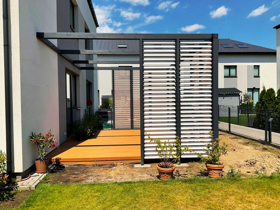 Zadaszenie tarasu, pergola, drewno BSH, shutters, altana, poliwęglan