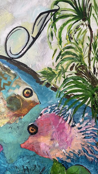 Rzeka, ryby, dużu  obraz,  akryl na płótnie , impresjonizm , fowizm