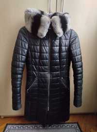 Женская зимняя кожаная куртка-пуховик