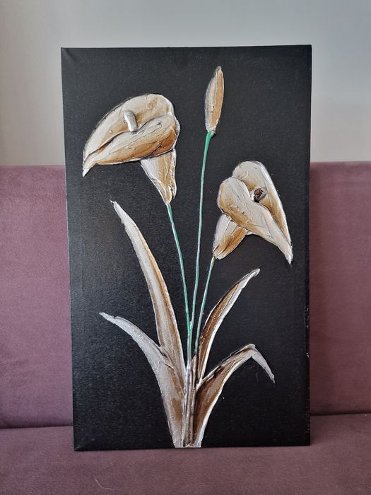 4 obrazy czarne czerwone kwiaty 3D srebrne duże wyjatkowe