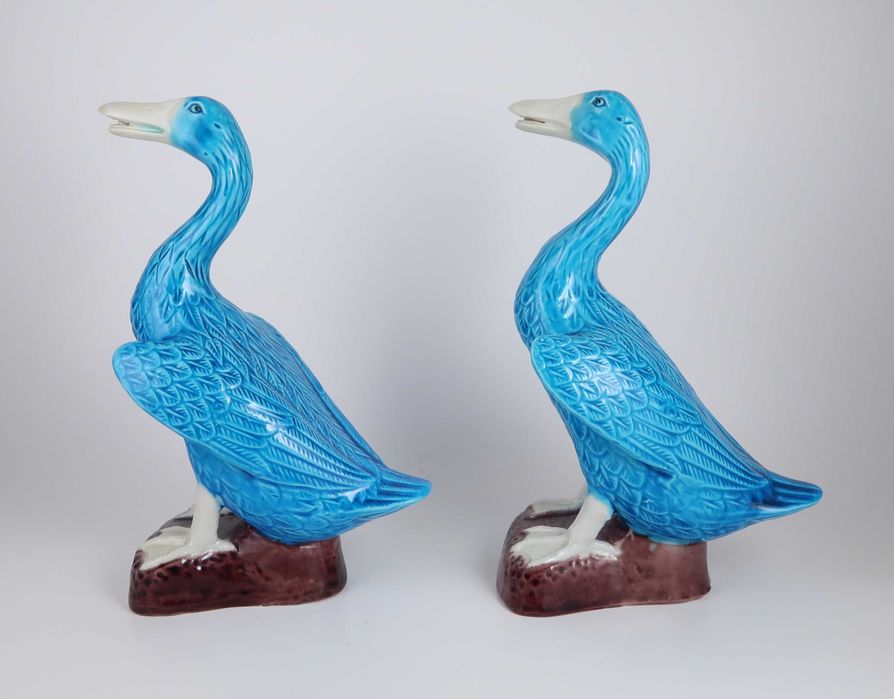 Par de Gansos Porcelana Azul Turquesa da China