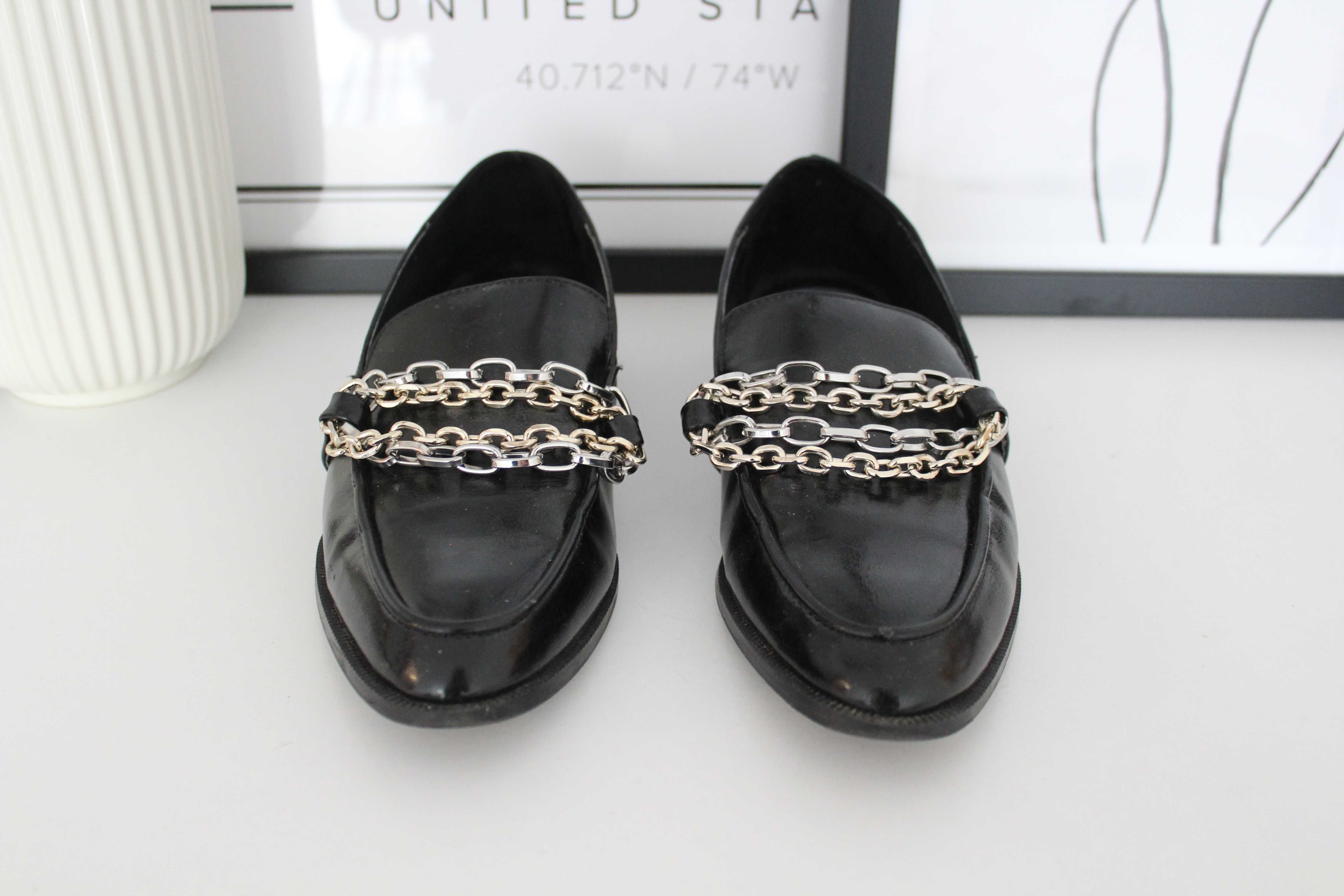 ZARA mokasyny czarne lakierowane buty płaskie loafers