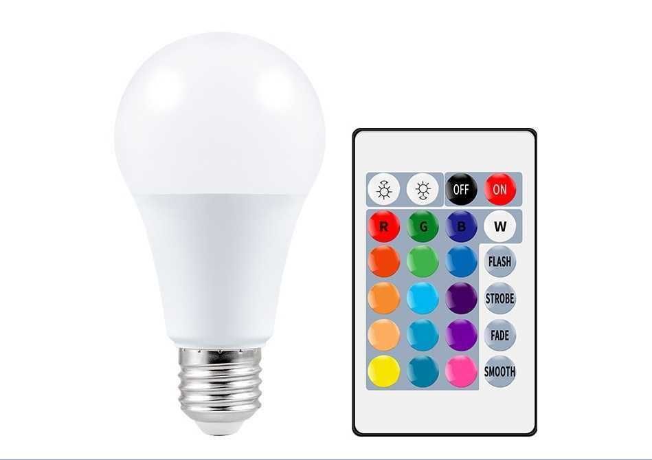 Світлодіодна E27 LED RGB 10Вт лампа, 16 кольорів + 4 ефекти з пультом