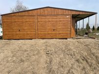 Garaż Blaszany 6×5 + Wiata 2×5 Dwuspadowy Drewnopodobny BTX Złoty Dąb