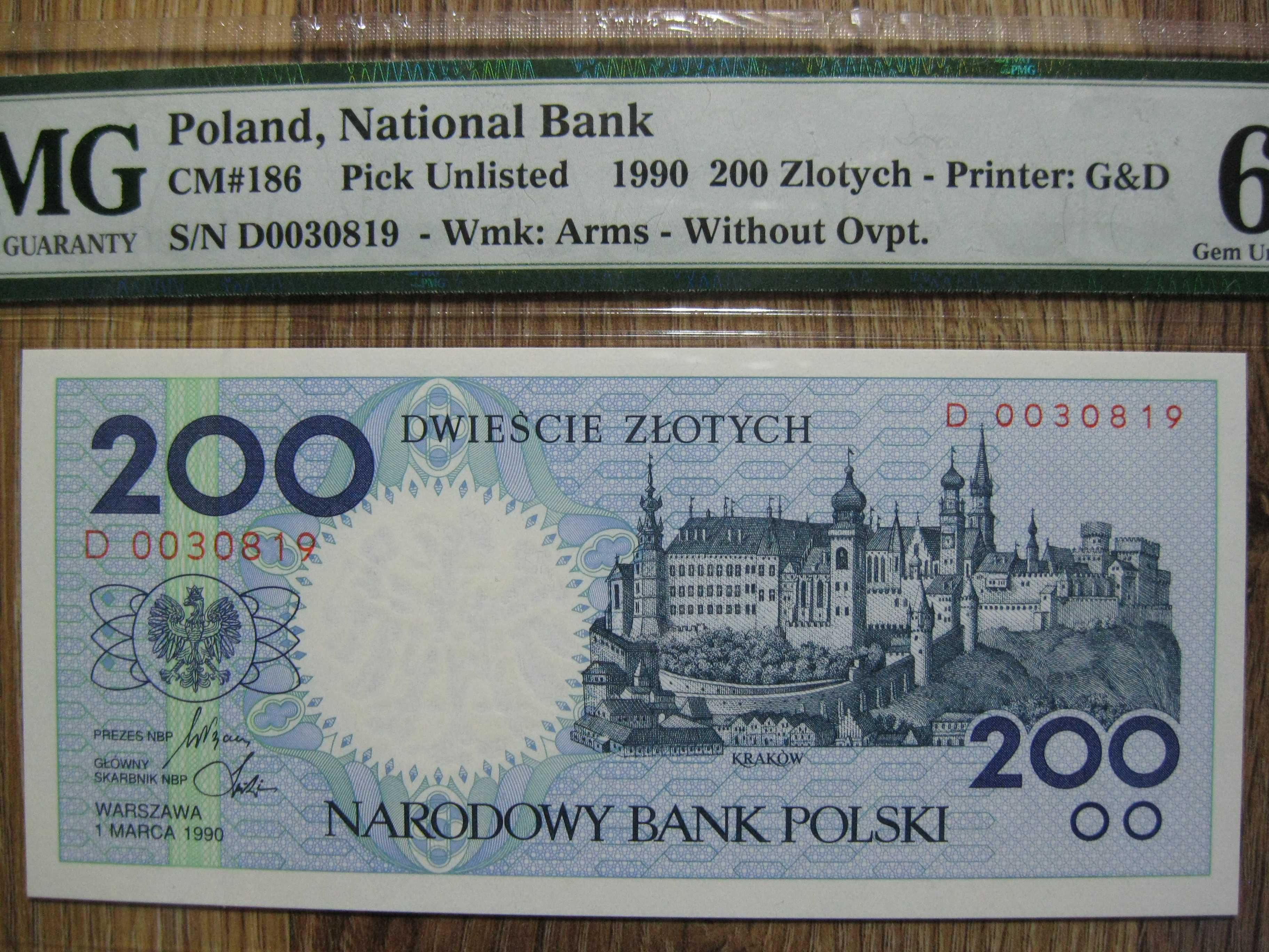 Banknot NBP miasta Polskie 200 złotych 1990 rok grading PMG 66