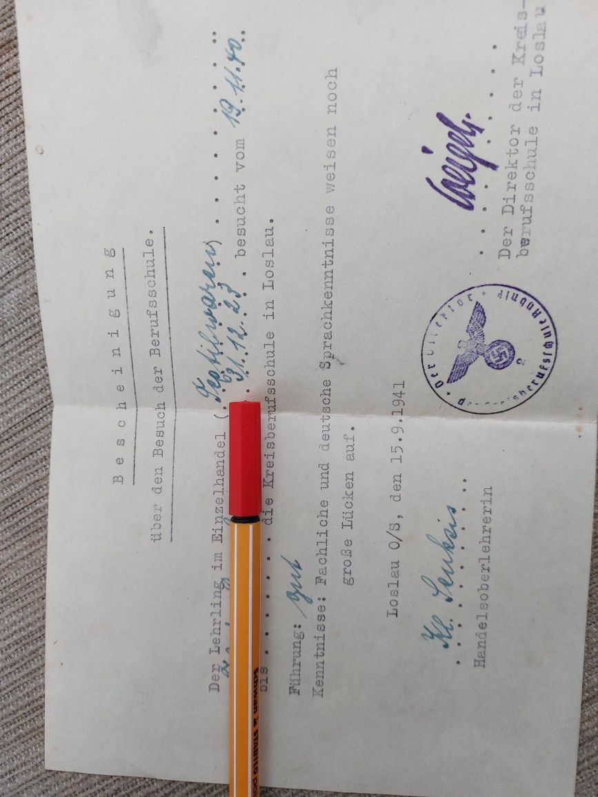 Kolekcja stary dokument certyfikat 1941 Wodzisław  Loslau