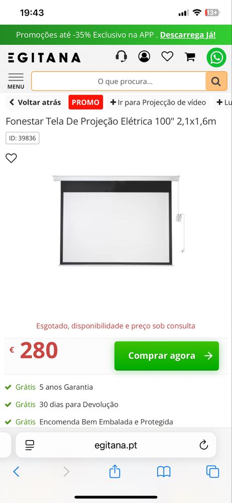 Tela de Projeção Elétrica FONESTAR - 100'' Polegadas (2x1,50m) 4:3