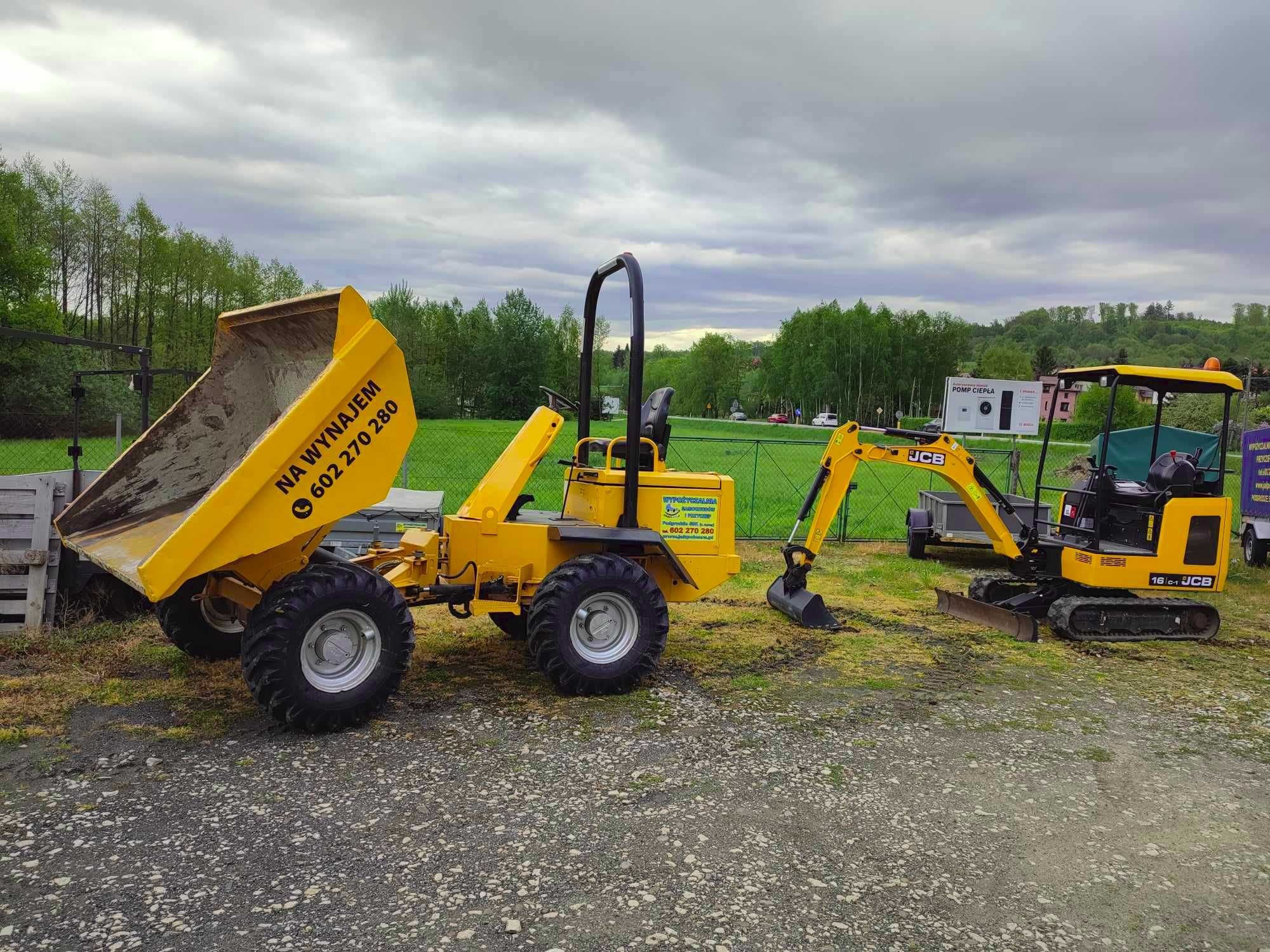 Wynajem minikoparki 1,6 T JCB, Wozidło 3 tony, Wywrotki Wywtoka