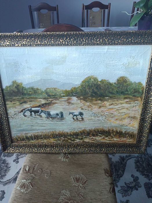 Obraz olejny "wiejski pejzaż" konie,