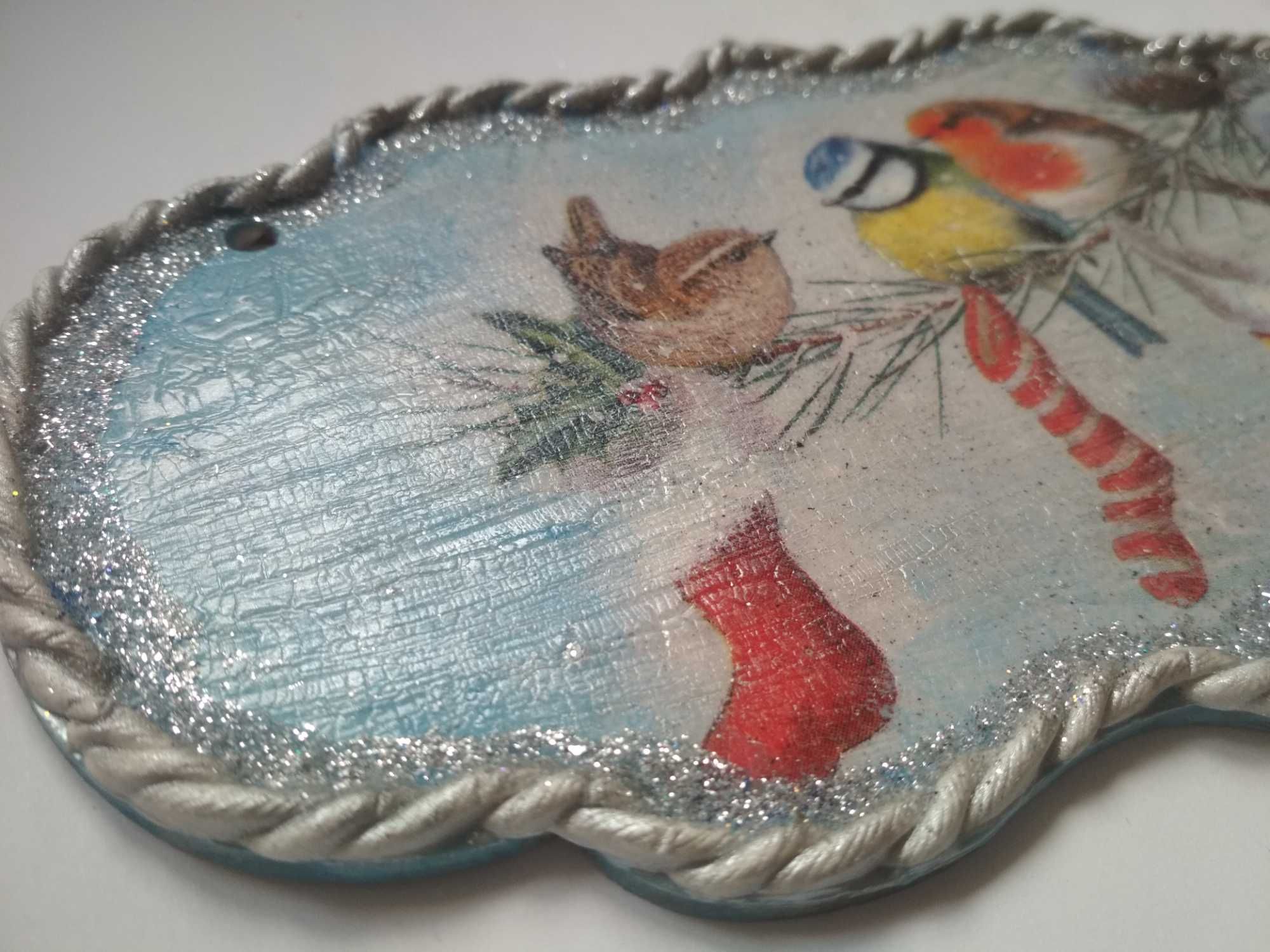 Dekoracja zimowa ptaki święta rękodzieło decoupage