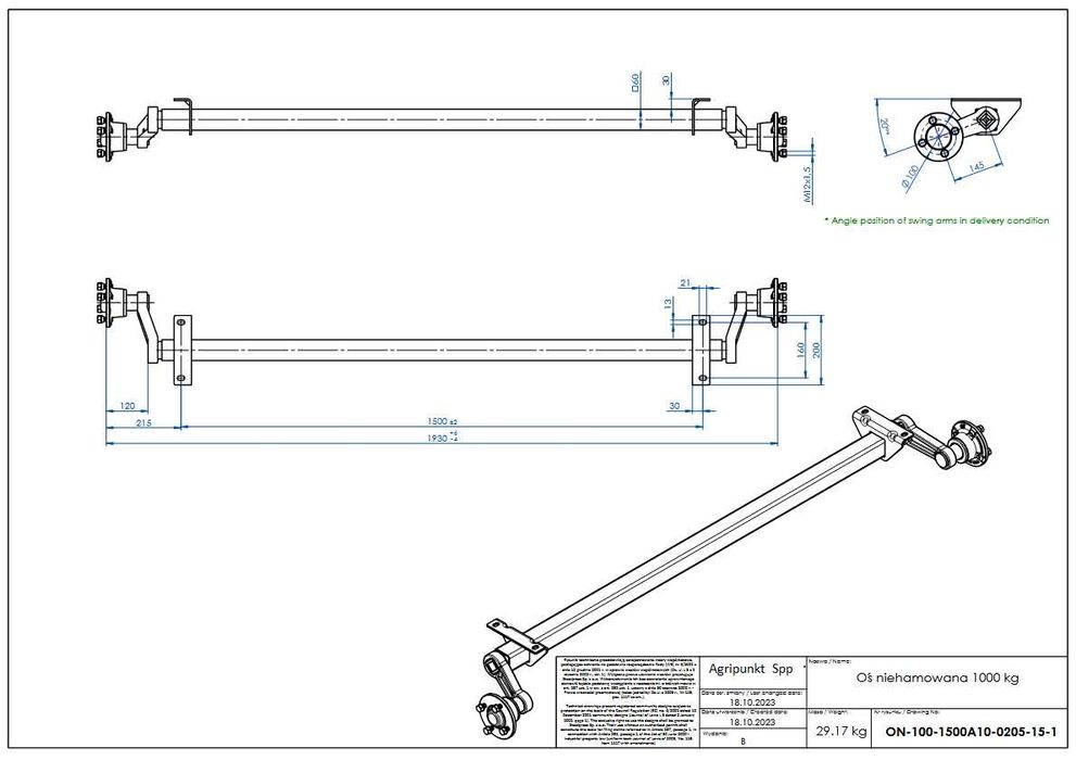 Oś szeroka 2m DMC 1000 kg niehamowana 100x4 do przyczepy samochodowej