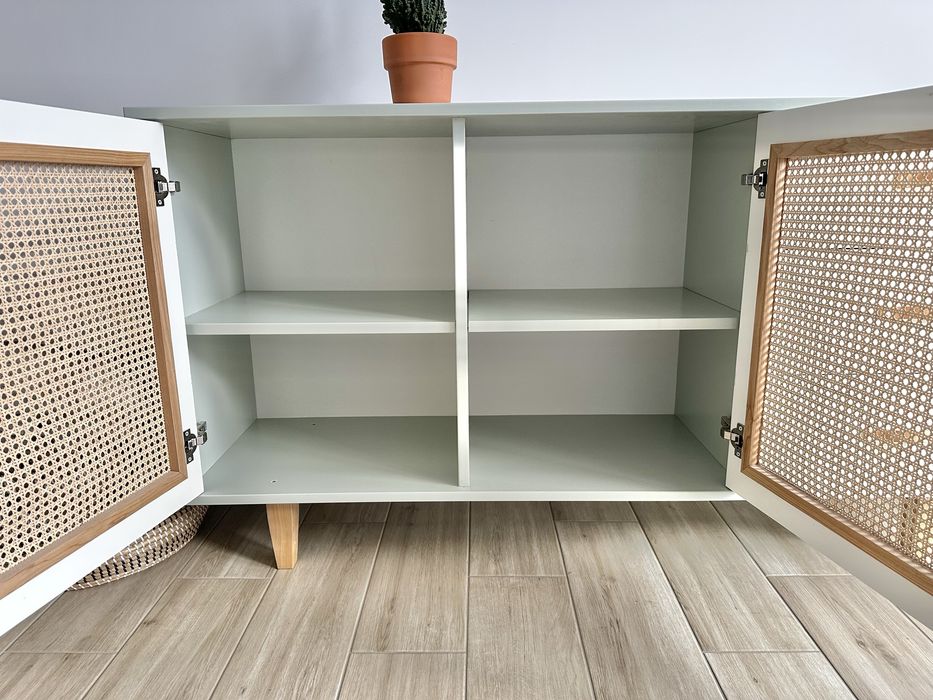 Komoda solidna 150cm z rattanem miętowa szuflady boho