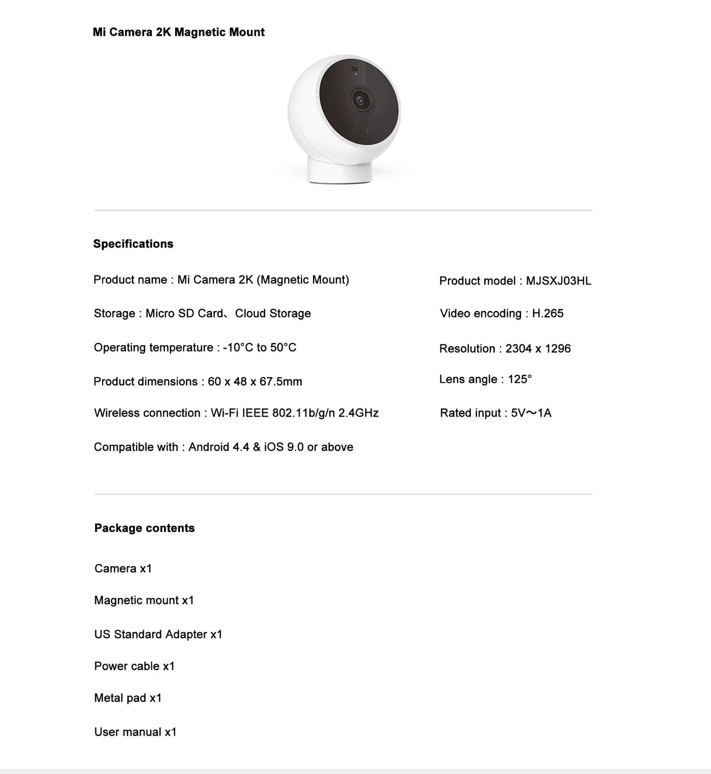 IP-камера Xiaomi Mi Home Camera 2K Magnetic Mount   (MJSXJ03HL)