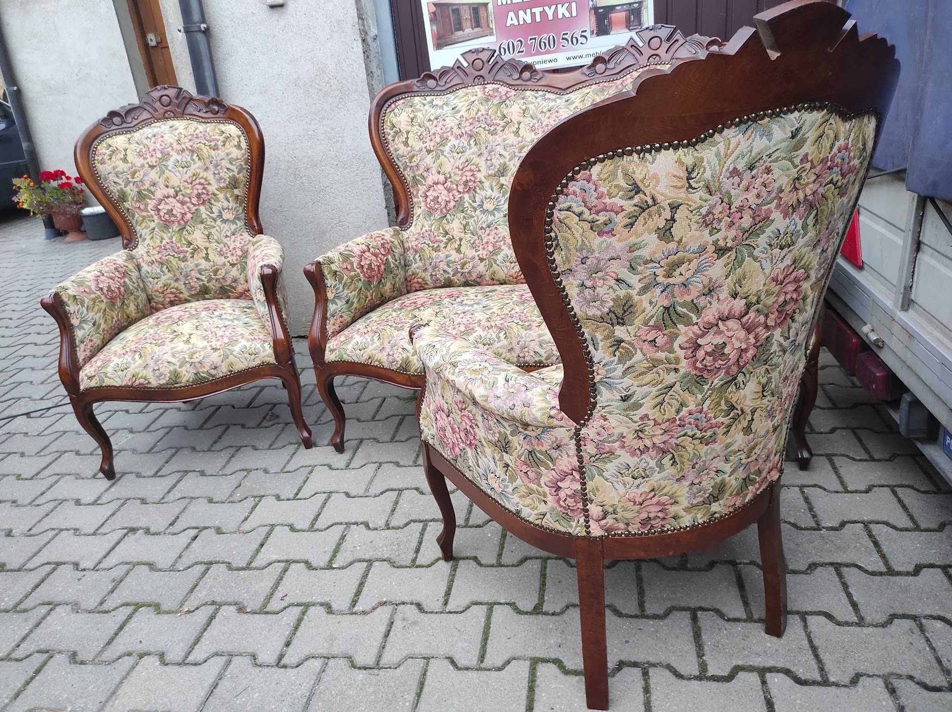 Piękny komplet wypoczynkowy w stylu LUDWIKOWSKIM 2+1+1 chippendale
