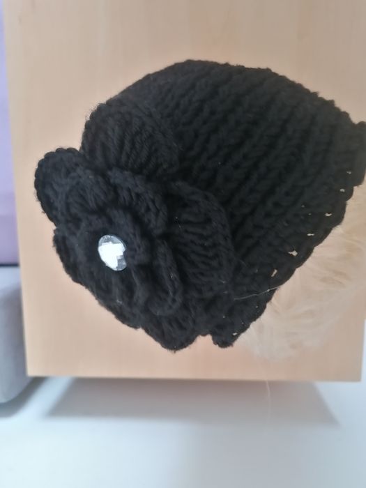 Wełniana szeroka opaska na głowę z kwiatem i kryształkiem