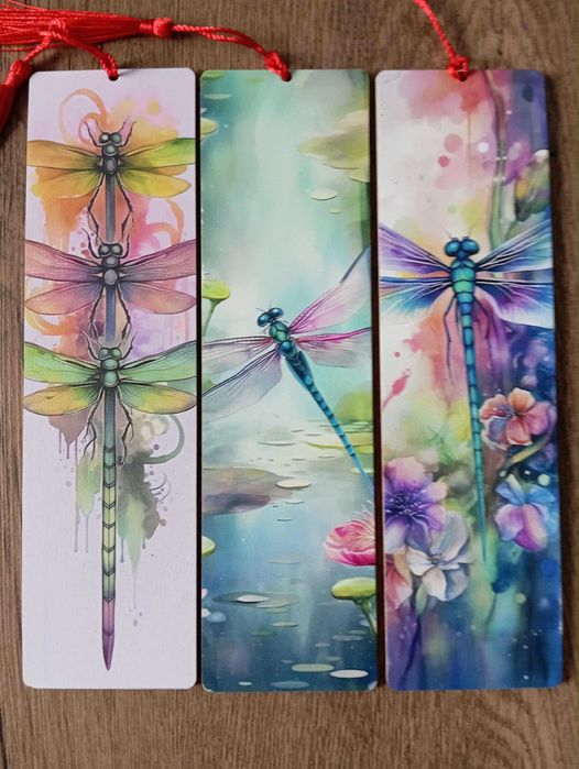 3 duże drewniane zakładki do książek. Ważki