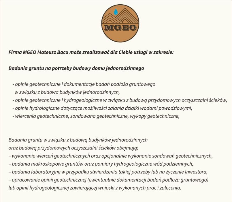 Geolog, badania gruntu, opinie, hydrogeologia, operaty wodnoprawne