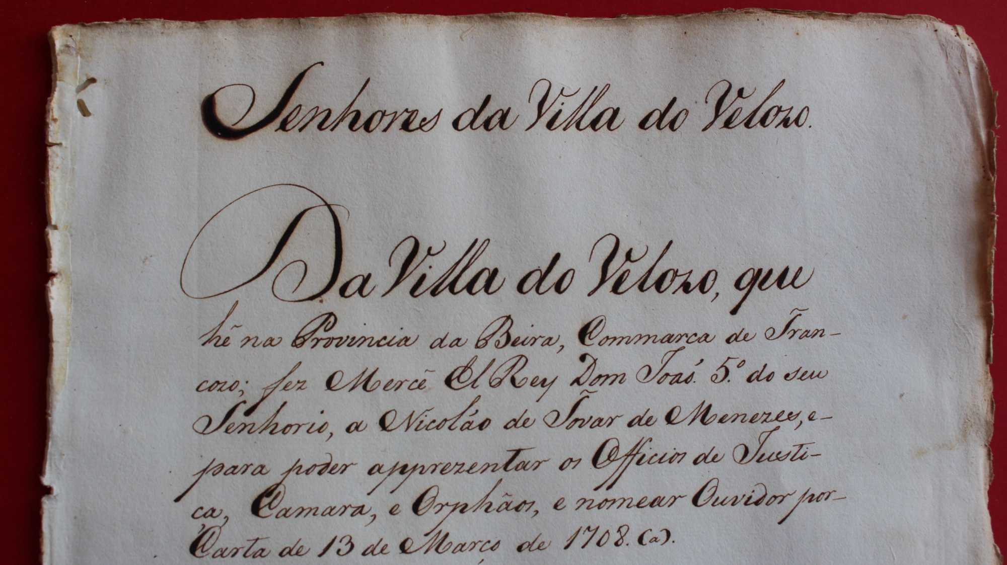 Senhores da Vila de Veloso, Trancoso, 1708 a Nicolau Tovar de Meneses