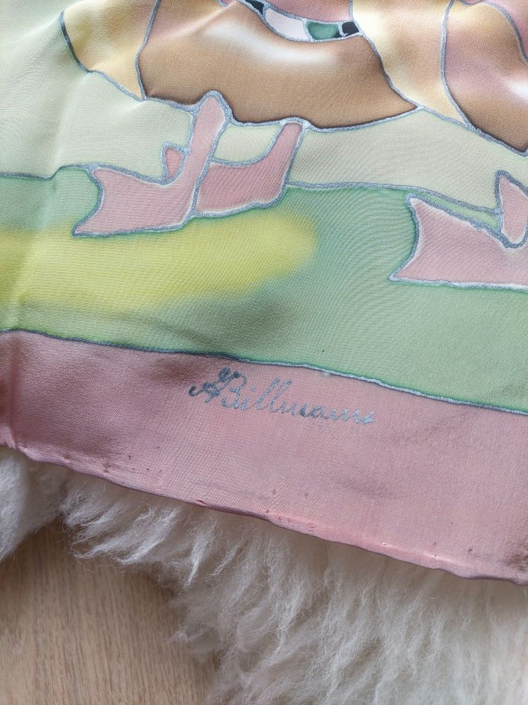 Duża Jedwabna chusta damska Vintage A. Billmann 100%Silk kaczki  ręczn