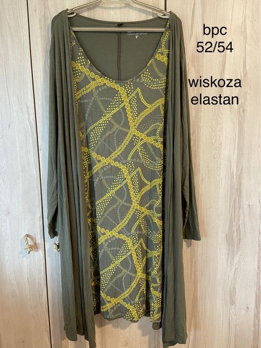 Bpc 52/54 zielona sukienka rękaw wiskoza plus size miękka midi Vintage