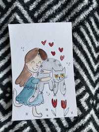 Kartka okolocznościowa ilustracja bajkowa szary kot brytyjski dziewczy