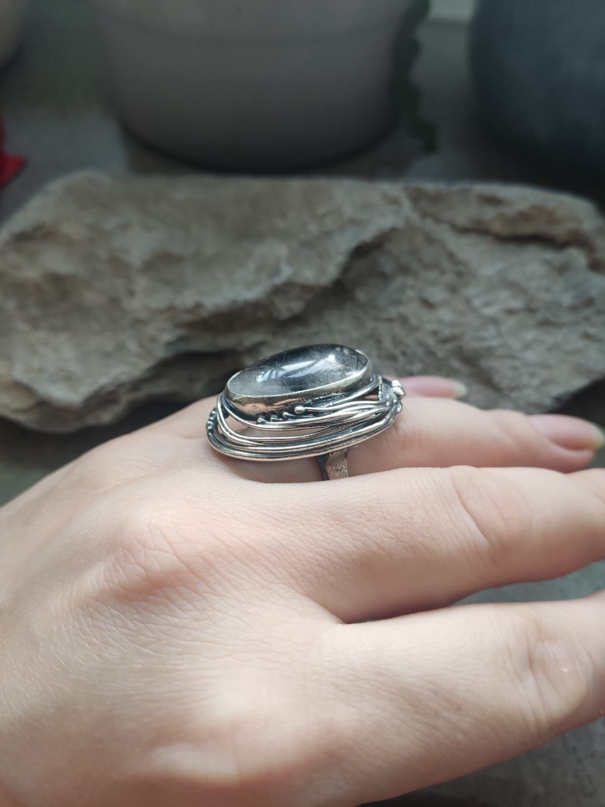 Srebrny duży pierścionek z kwarcem turmalinowym autorski srebro