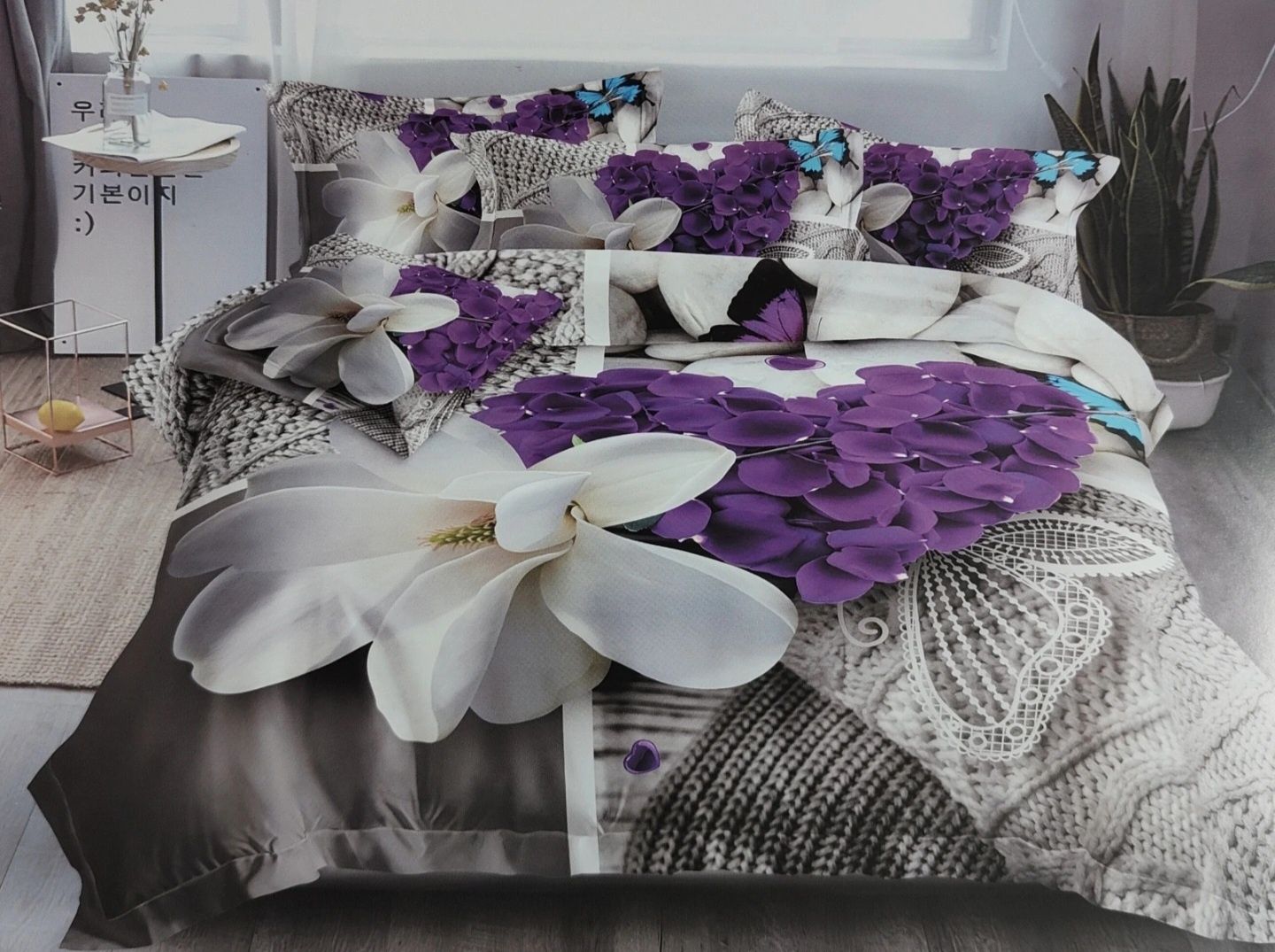 Komplet Pościeli Szara w Kwiaty 160x200cm 4 częściowy