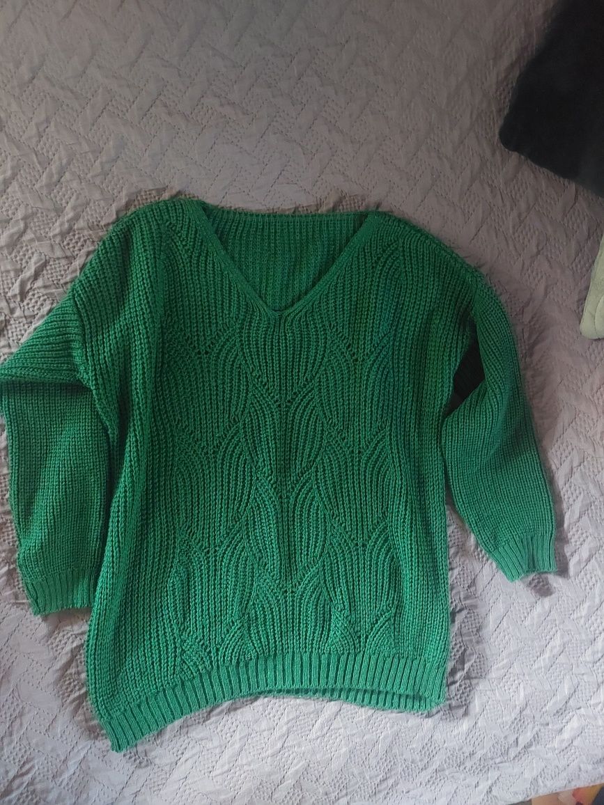 Sweterek butelkowa zieleń, zielony ażurowy sweter wiosna r.L,XL