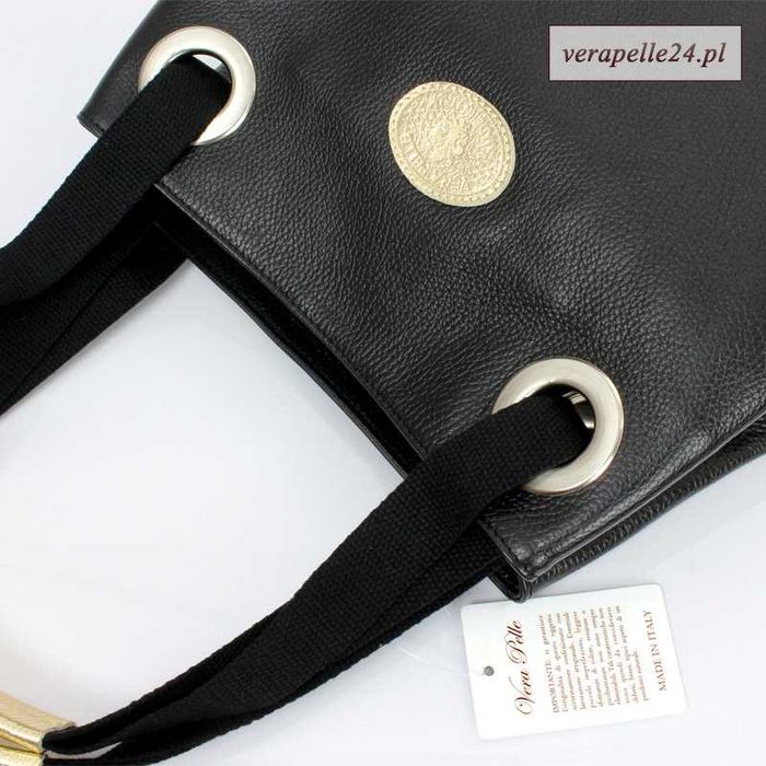 Elegancka czarna skórzana torebka na ramię, Vera Pelle, Made in Italy