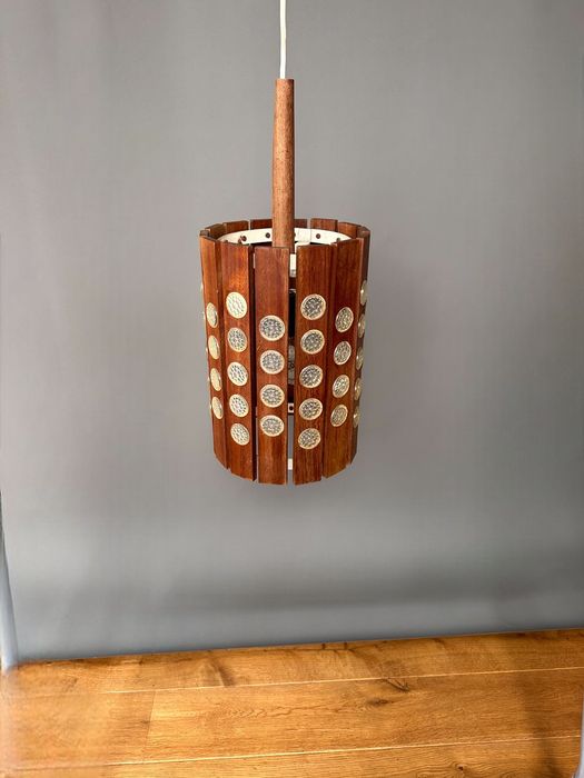 Duńska lampa wisząca Vintage teak i akryl lata 60-te Werner Schou?