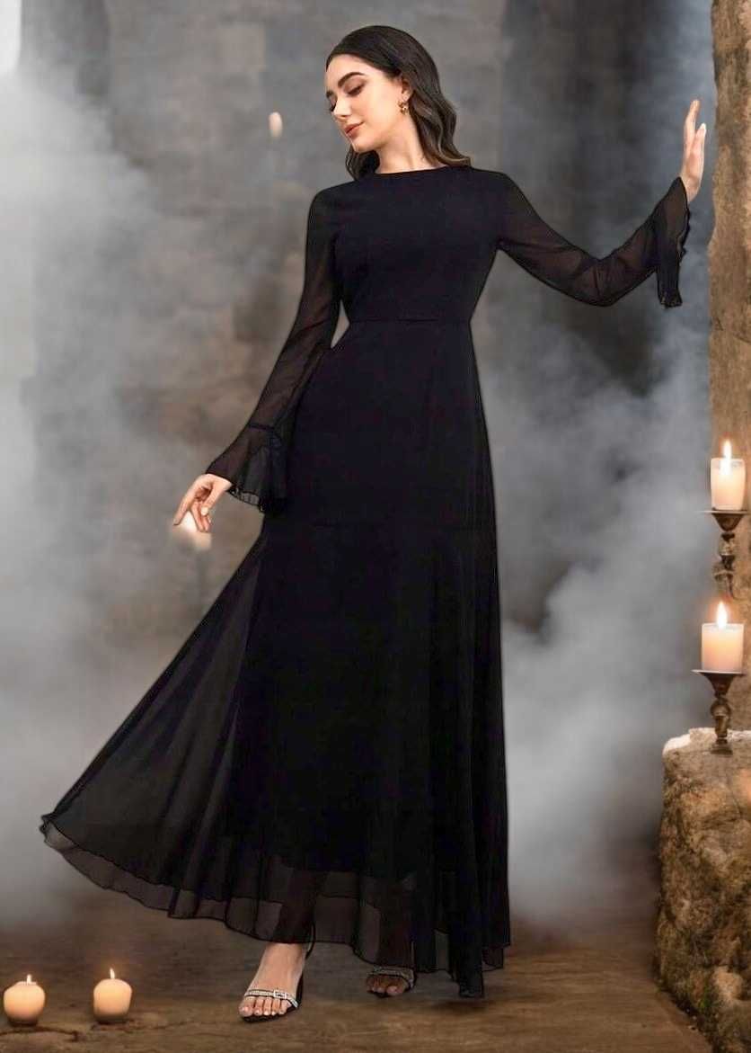 Długa Czarna Szyfonowa Sukienka Szerokie Rękawy Elegancka Gothic L